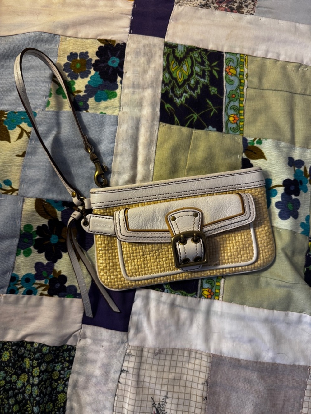 Vintage Coach Legacy Leather & Straw Wristlet | Off White Straw Snap Flap